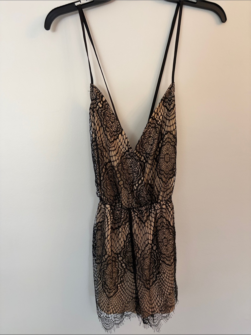 Luxxel Black Lace Overlay Nude Slip shorts Romper